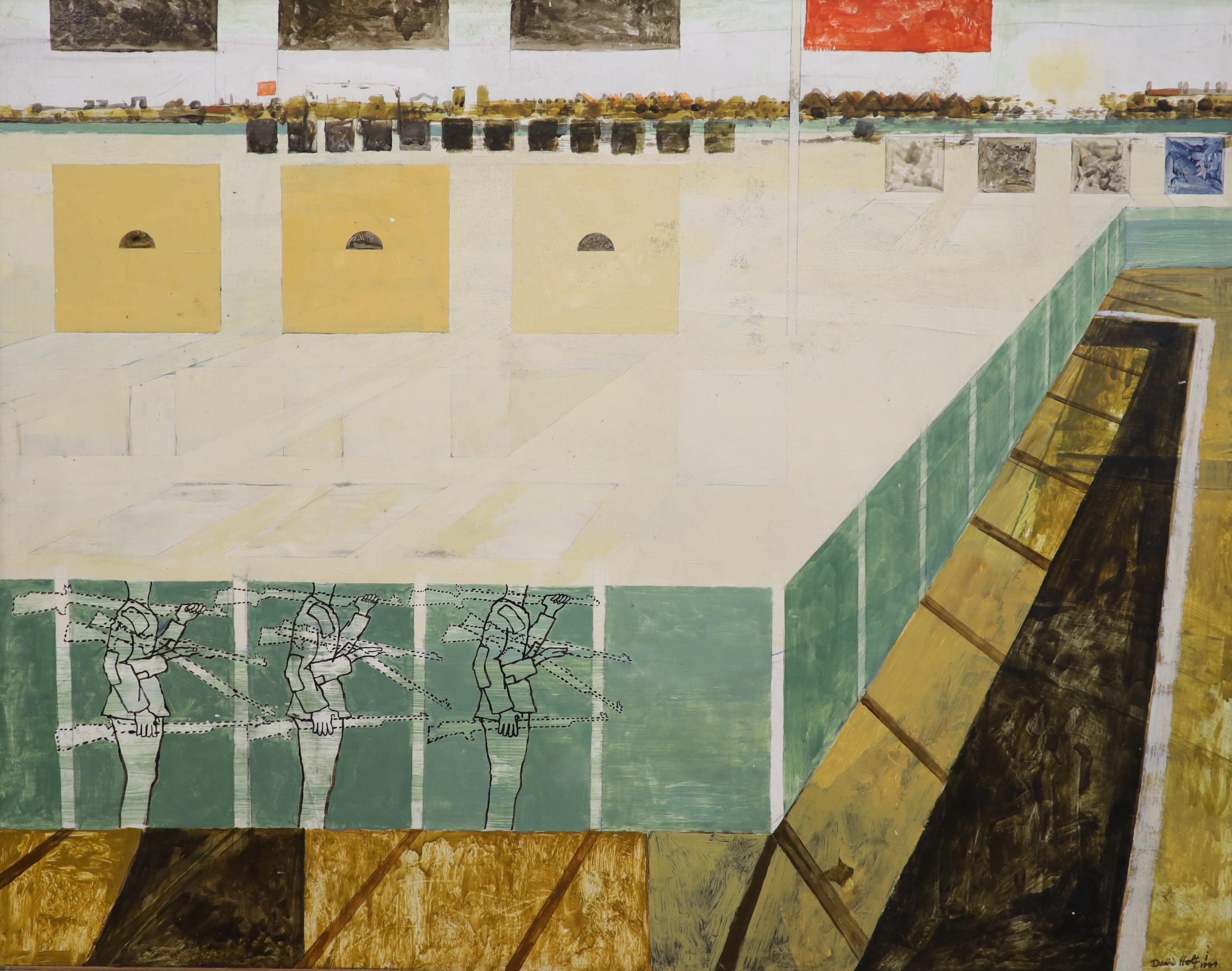 David Holt (1928-2014), mixed media on board, 'Rifle Range', signed and dated 1964, 76 x 96cm